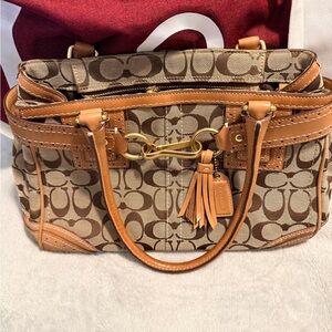 Coach Signature Canvas & Leather Satchel Tan Brown Tassel Charm Bag